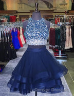 Two Piece Ruffles Ball Gown Homecoming Dress,Navy Blue Semi Formal Dress