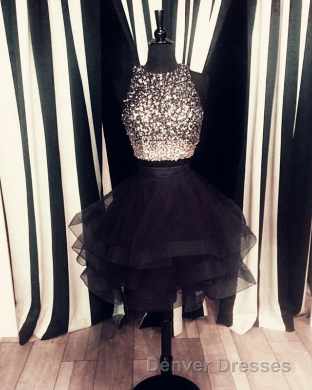 Two Piece Ruffles Ball Gown Homecoming Dress,Navy Blue Semi Formal Dress