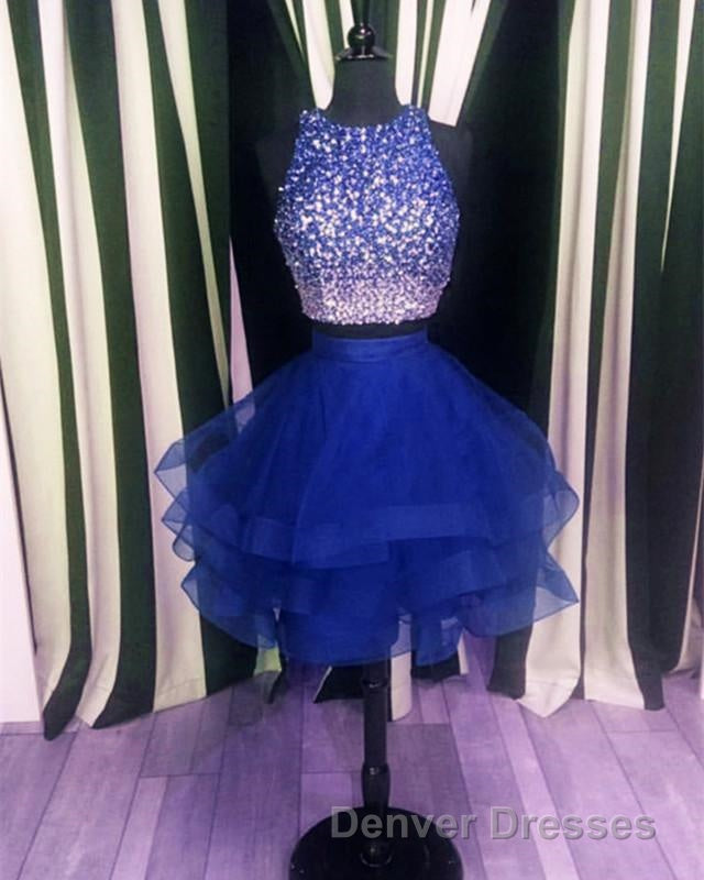 Two Piece Ruffles Ball Gown Homecoming Dress,Navy Blue Semi Formal Dress