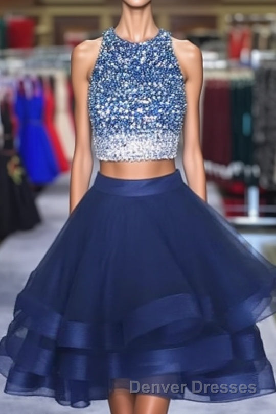 Two Piece Ruffles Ball Gown Homecoming Dress,Navy Blue Semi Formal Dress