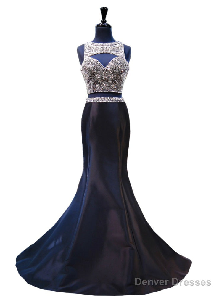 Two Piece Sleeveless Black Mermaid Beaded Backless Prom Dress Main image