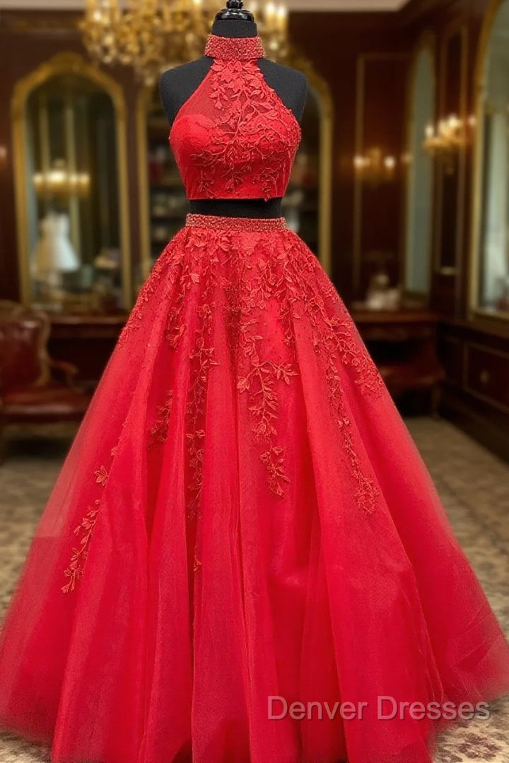 Two Piece Tulle Ball Gowns Quinceanera Dress Beaded High Neck With Lace Embroidery Main image