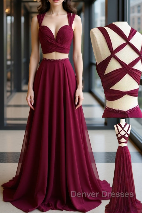 Two Pieces Burgundy Chiffon Long Prom Dress, 2 Pieces Wine Red Long Formal Evening Dress