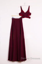 Two Pieces Burgundy Long Prom Dress, Dark Wine Red 2 Pieces Long Formal Bridesmaid Dress