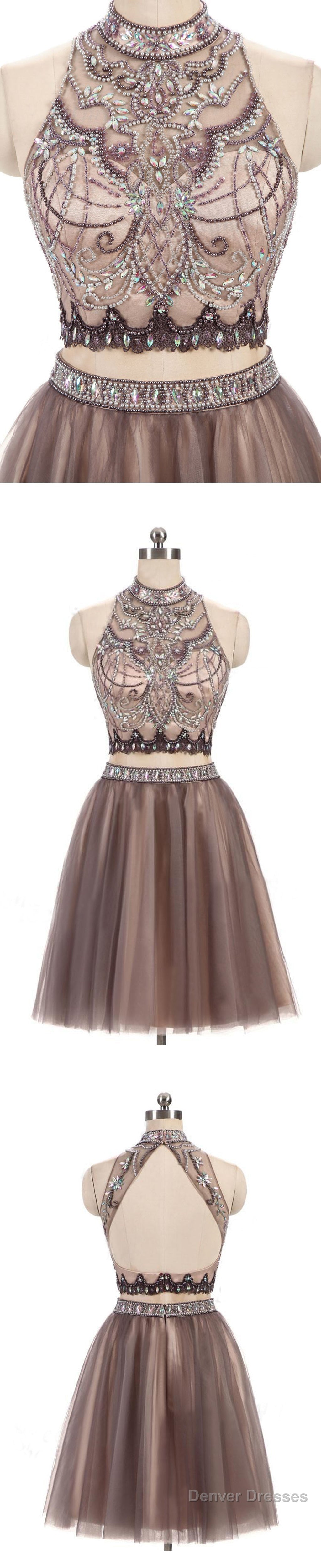 Two Pieces Gorgeous Beading High Neck Open Back Sleeveless Light Brown  Homecoming Dresses Secondary image
