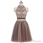 Two Pieces Gorgeous Beading High Neck Open Back Sleeveless Light Brown  Homecoming Dresses
