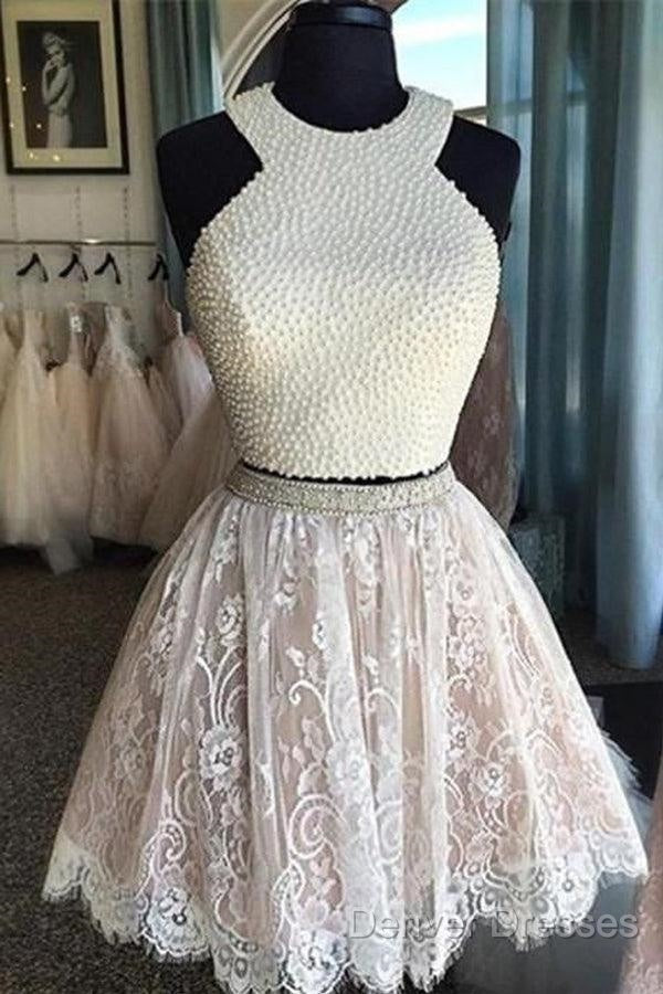 Two Pieces Halter Lace Skirt Pearls Bodice Cute Homecoming Dress Secondary image