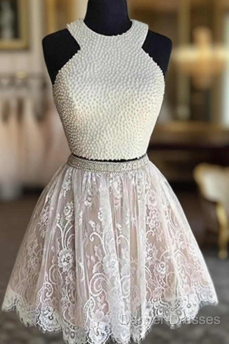 Two Pieces Halter Lace Skirt Pearls Bodice Cute Homecoming Dress Main image