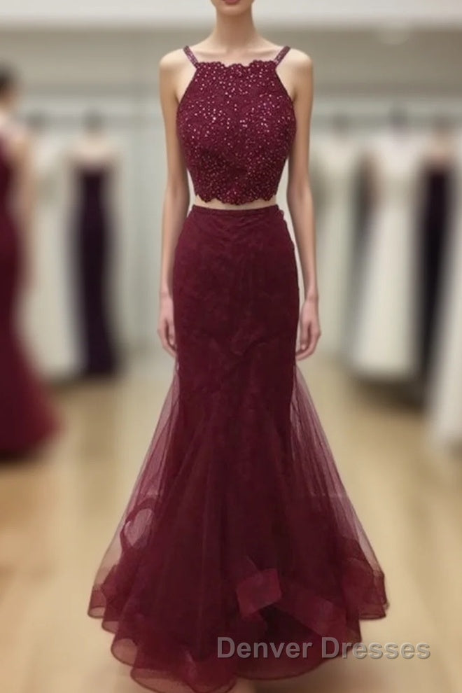 Two Pieces Halter Neck Mermaid Tulle Maroon Prom with Beadings, Maroon Formal, Evening Main image