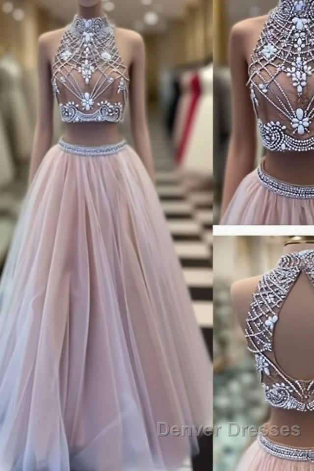 Two Pieces High-Neck Beaded Tulle Long  Champagne Prom Dress, Evening Dress