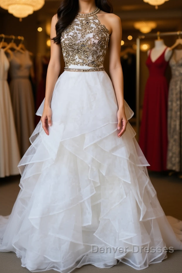 Two Pieces Lace White Tulle Long Prom Dress, White Two Pieces Formal Dress, Evening Dress, Ball Gown