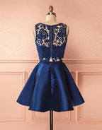 Two Pieces Navy Blue Lace Top Satin A Line Short Homecoming Dress