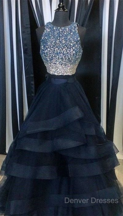 Two Pieces Navy Prom Dress Halter Neckline, Evening Dress, Graduation School Party Dance Dress