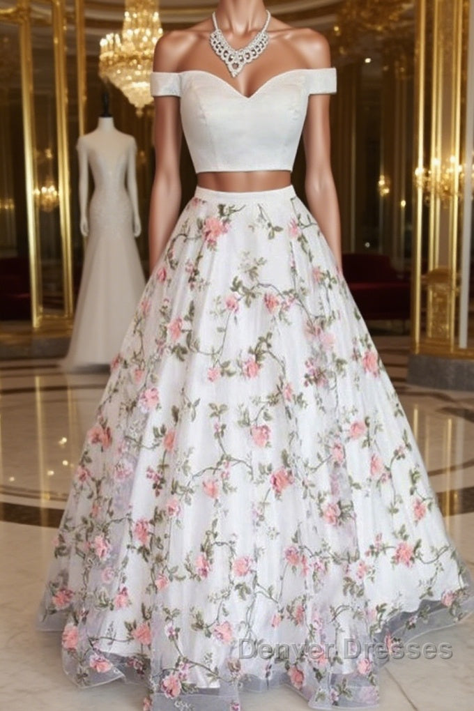 Two Pieces Off The Shoulder Lace Floral White Prom Dress, Off Shoulder White Formal Dress, Two Pieces White Evening Dress Main image