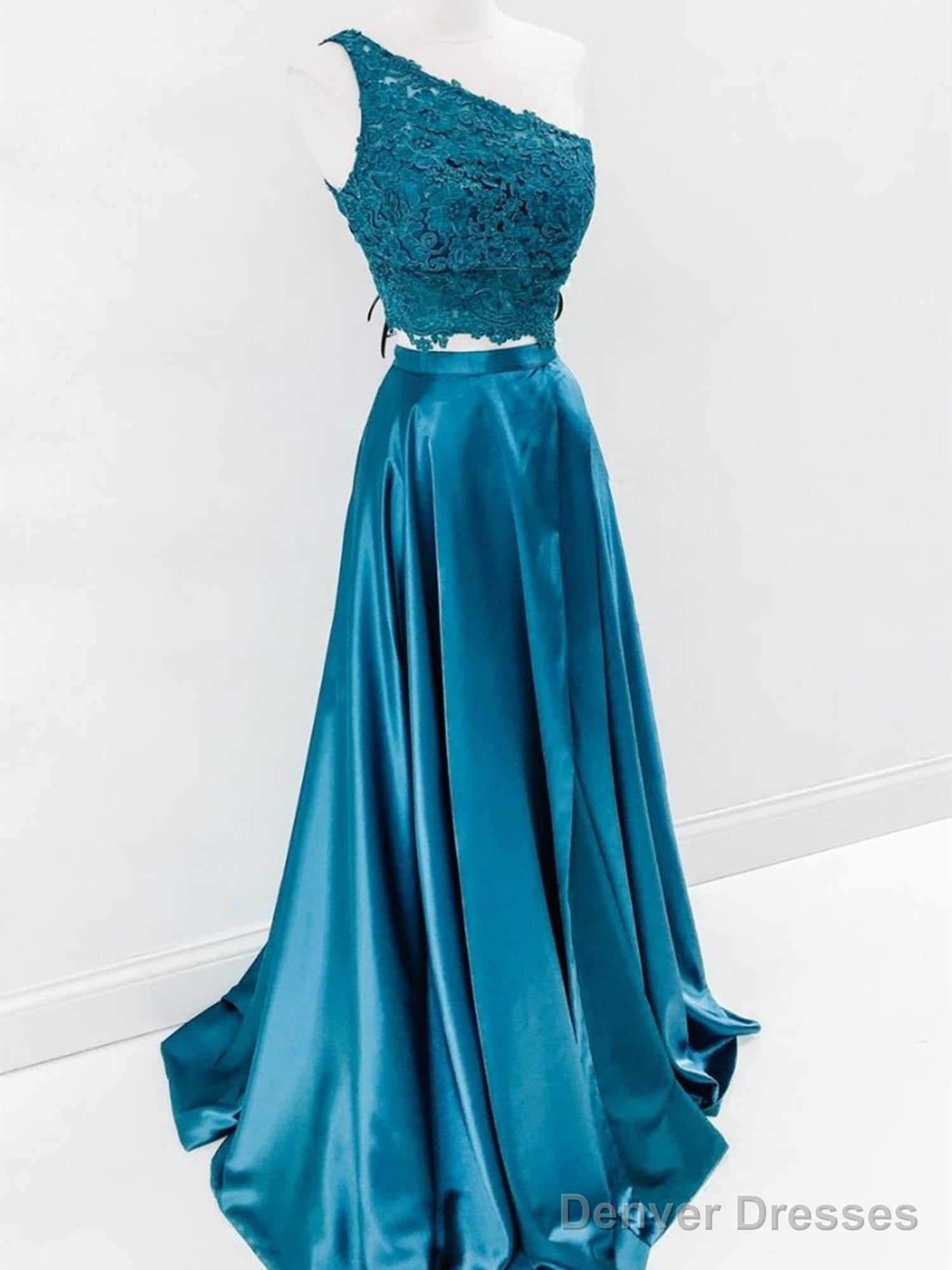Two Pieces One Shoulder Blue Lace Prom Dresses, 2 Pieces Blue Lace Formal Graduation Evening Dresses Main image