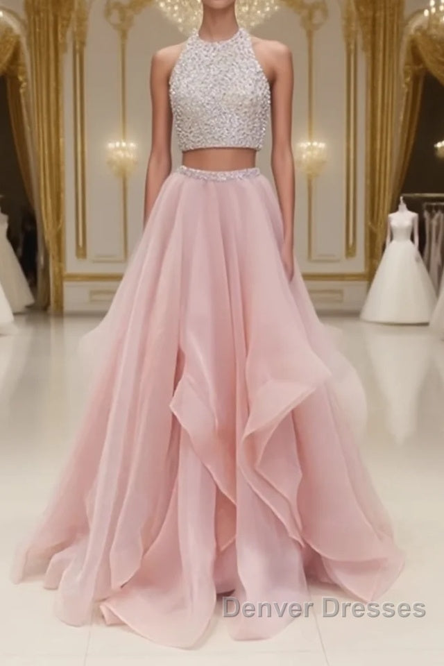 Two Pieces Round Neck Sequins Long Pink Prom Dress, Pink Evening Dress Main image
