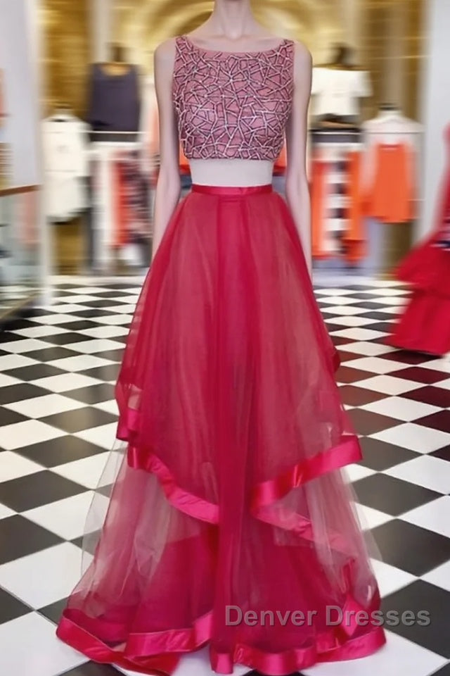 Two Pieces Sequin Round Neck Tulle Long Red Prom Dress, Red Evening Dress