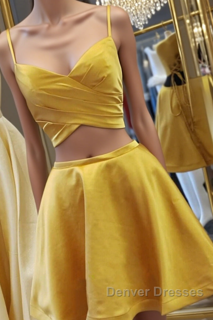 Two Pieces Short Yellow Prom Dress, Short Yellow 2 Pieces Formal Homecoming Dress