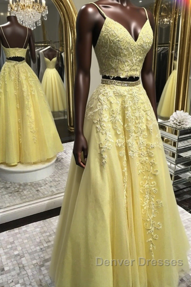 Two Pieces V Neck Yellow Lace Long Prom Dress, 2 Pieces Yellow Formal Dress, Yellow Lace Evening Dress Main image