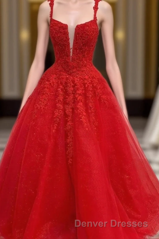 Red Tulle Lace A Line Formal Evening Dress Appliques Long Prom Dress