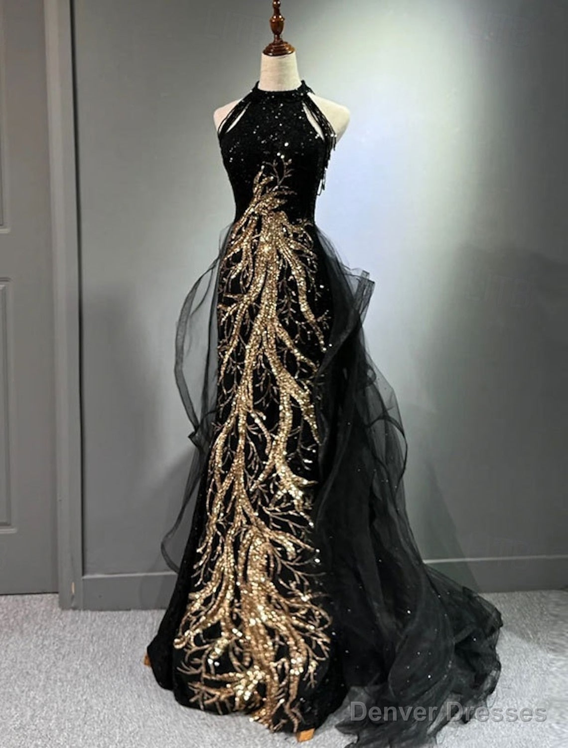Black Gold Embroidered A-Line Prom Dresses Glittering Dress Formal Floor Length Sleeveless High Neck Sequined with Glitter Tassel Main image