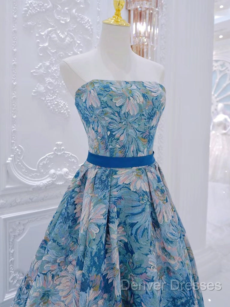 Unique A-Line Flower Satin Blue Long Prom Dress, Blue Long Formal Dress