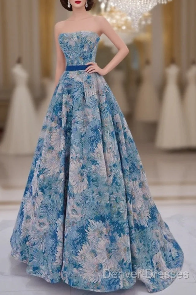 Unique A-Line Flower Satin Blue Long Prom Dress, Blue Long Formal Dress Main image