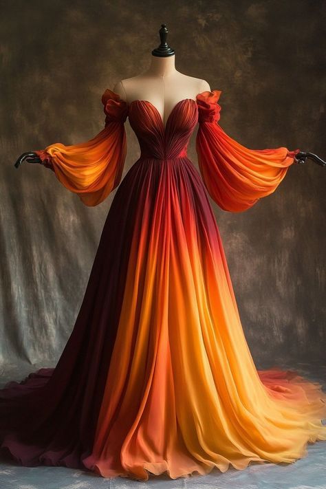 Unique A Line Long Sleeve Orange Ombre Chiffon Prom Dress Evening Dress Main image