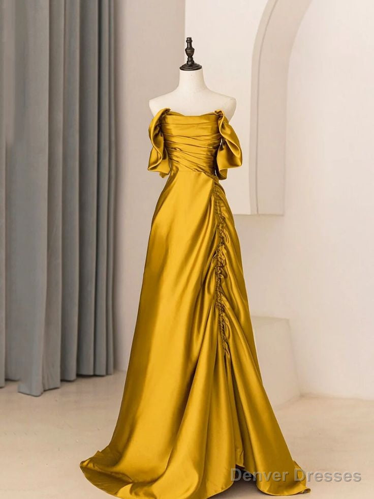 Unique A-Line Satin Long Prom Dress Off The Shoulder Pleated Evening Dress Main image