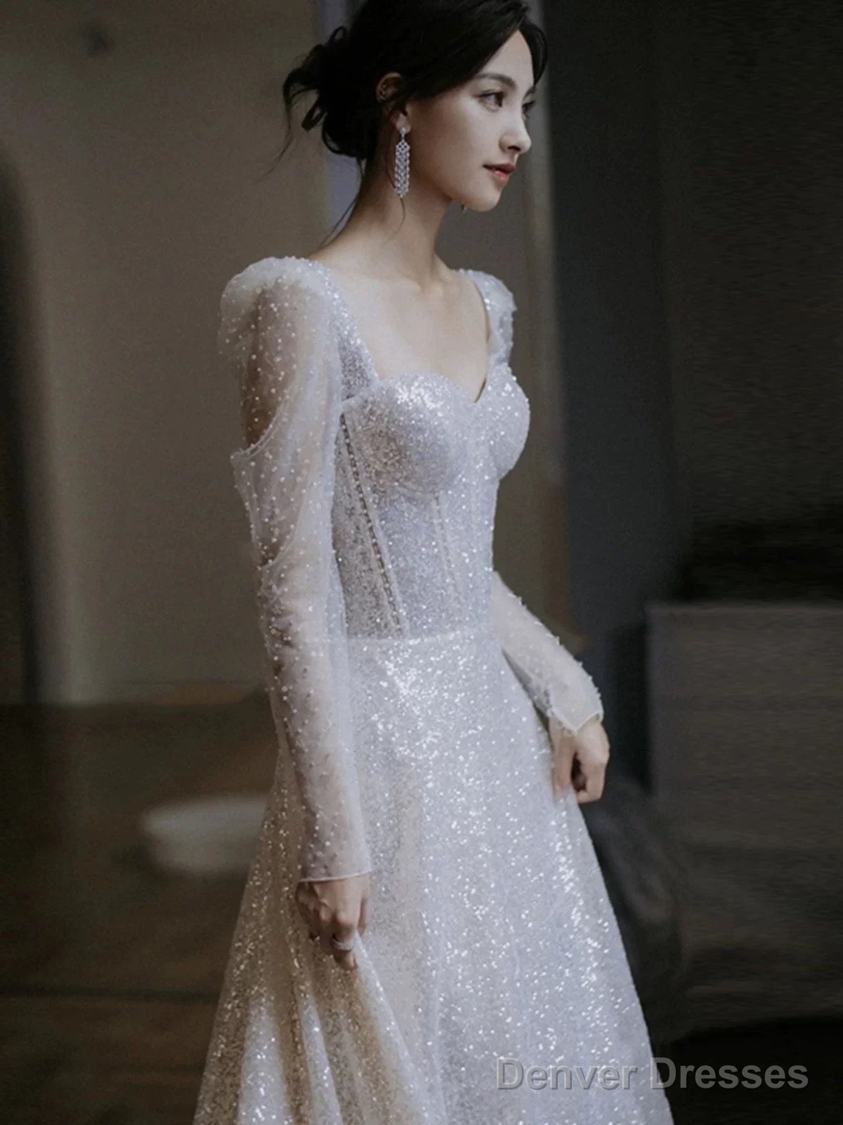 Unique A Line Square Neckline Sequin Pleats Long Sleeves Wedding Dresses Secondary image