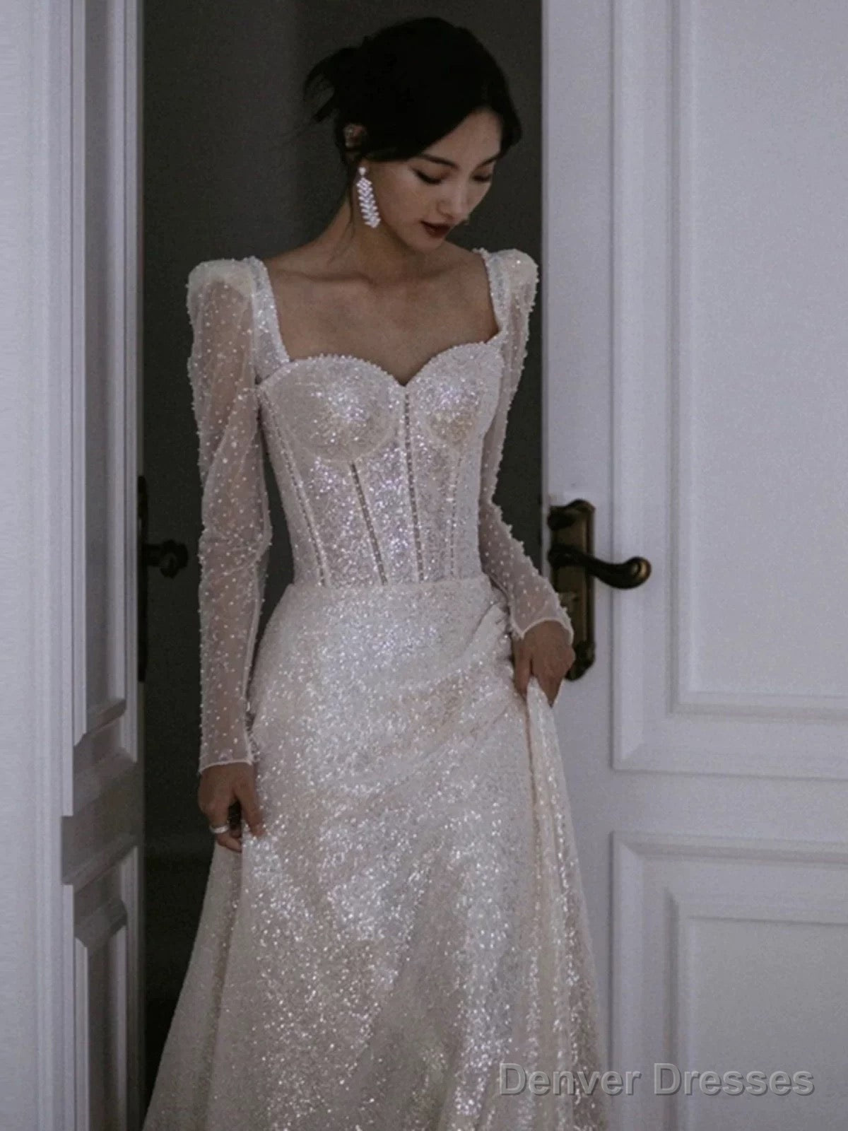 Unique A Line Square Neckline Sequin Pleats Long Sleeves Wedding Dresses Main image