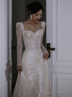 Unique A Line Square Neckline Sequin Pleats Long Sleeves Wedding Dresses