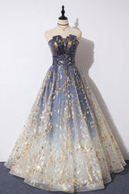 Unique A Line Strapless Ombre Long Prom Dress Stunning Party Dress