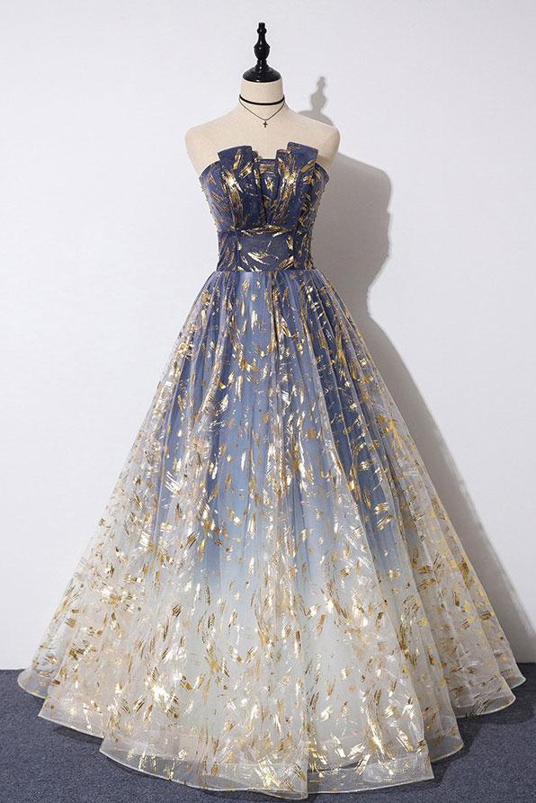 Unique A Line Strapless Ombre Long Prom Dress Stunning Party Dress
