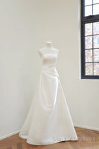 Unique A Line Strapless Satin White Wedding Dress Brides Dress