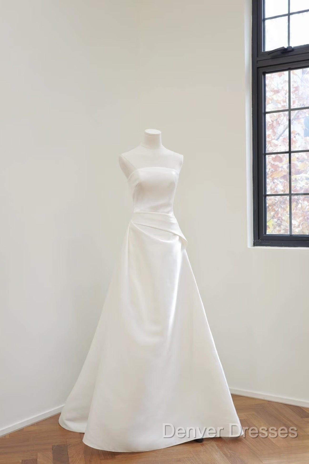 Unique A Line Strapless Satin White Wedding Dress Brides Dress