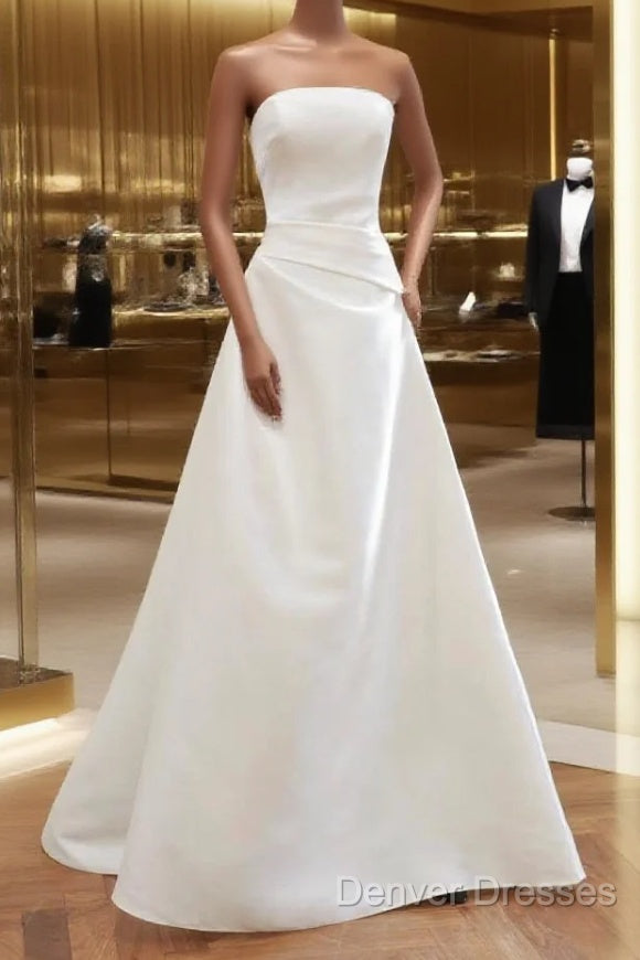Unique A Line Strapless Satin White Wedding Dress Brides Dress Main image