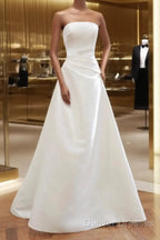 Unique A Line Strapless Satin White Wedding Dress Brides Dress
