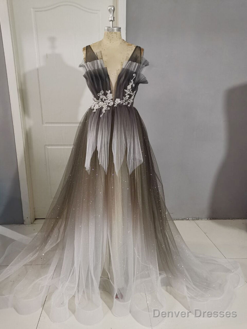 Unique A line V Neck Tulle Lace Long Prom Dress,  Tulle Formal Dress Main image