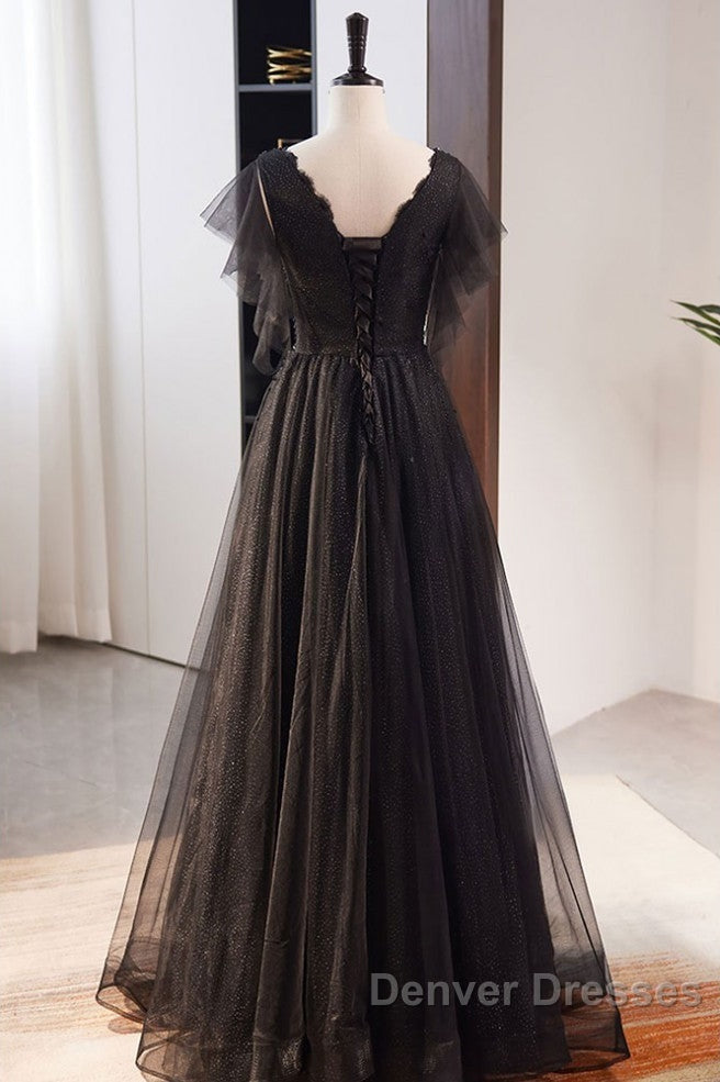 Unique And Beautiful Black Beaded Short Sleeved Sequin Ball Dress With Black A-Shaped Princess V-Neck Backless Chiffon And Floor Length Evening Dress Secondary image