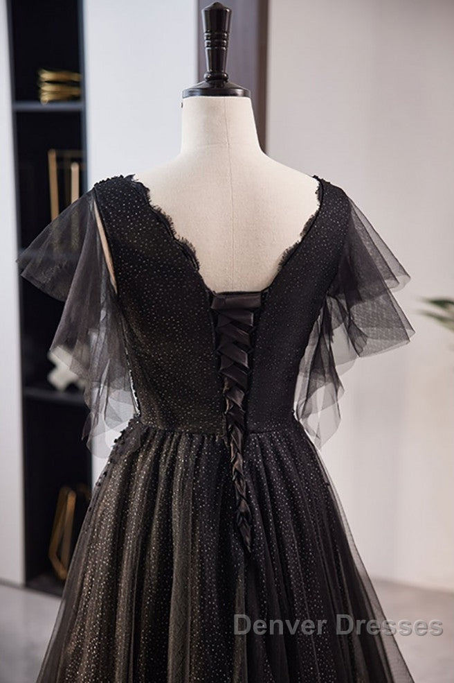 Unique And Beautiful Black Beaded Short Sleeved Sequin Ball Dress With Black A-Shaped Princess V-Neck Backless Chiffon And Floor Length Evening Dress