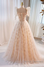 Unique And Beautiful Champagne Sequin Square Neck Fluffy Short Sleeved Ball Dress Champagne A-Shaped Princess Backless Strap And Floor Length Evening Dress