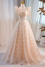 Unique And Beautiful Champagne Sequin Square Neck Fluffy Short Sleeved Ball Dress Champagne A-Shaped Princess Backless Strap And Floor Length Evening Dress