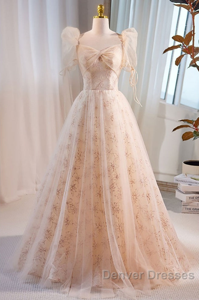 Unique And Beautiful Champagne Sequin Square Neck Fluffy Short Sleeved Ball Dress Champagne A-Shaped Princess Backless Strap And Floor Length Evening Dress