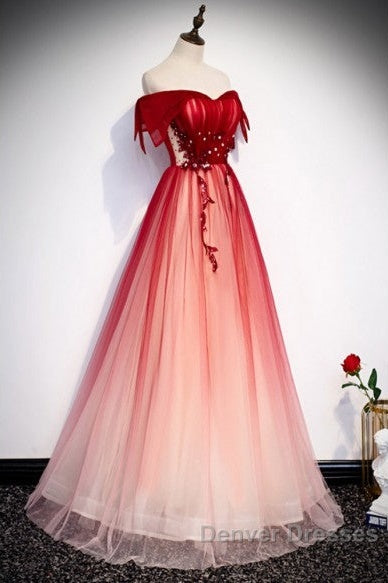Unique And Beautiful Gradient Red Off Shoulder Short Sleeved Beaded Evening Dress Gradient Red A-Line Princess Strapless Backless Strap And Ground Length Evening Dress Secondary image