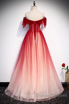 Unique And Beautiful Gradient Red Off Shoulder Short Sleeved Beaded Evening Dress Gradient Red A-Line Princess Strapless Backless Strap And Ground Length Evening Dress