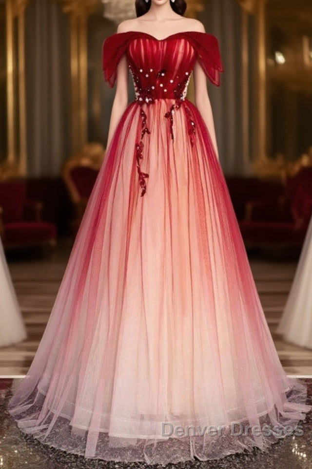 Unique And Beautiful Gradient Red Off Shoulder Short Sleeved Beaded Evening Dress Gradient Red A-Line Princess Strapless Backless Strap And Ground Length Evening Dress Main image