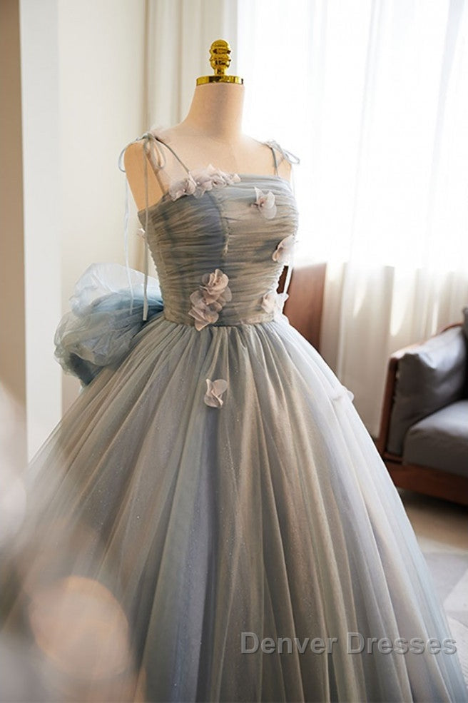 Unique And Beautiful Gray Sticker Sleeveless Off The Shoulder Ball Dress, Gray A-Line Princess Sheer Thin Shoulder Strap, Backless Tie Bow And Ground Length Prom Dress Secondary image