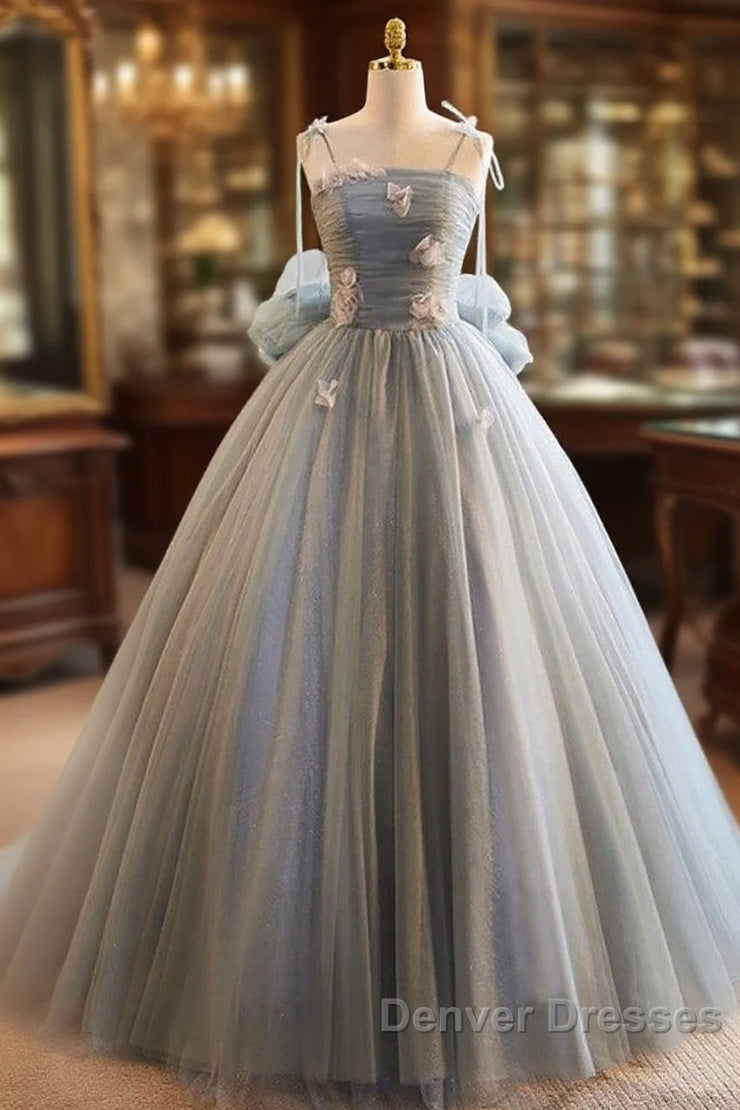 Unique And Beautiful Gray Sticker Sleeveless Off The Shoulder Ball Dress, Gray A-Line Princess Sheer Thin Shoulder Strap, Backless Tie Bow And Ground Length Prom Dress Main image