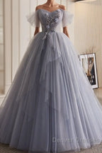 Unique And Beautiful Silver Gray Beaded Pearl Sequins Off The Shoulder Sleeveless Decal Pleated Ball Dress Silver Gray A-Shaped Thin Gauze Pong Truffle Back Strap And Ground Length Prom Dress